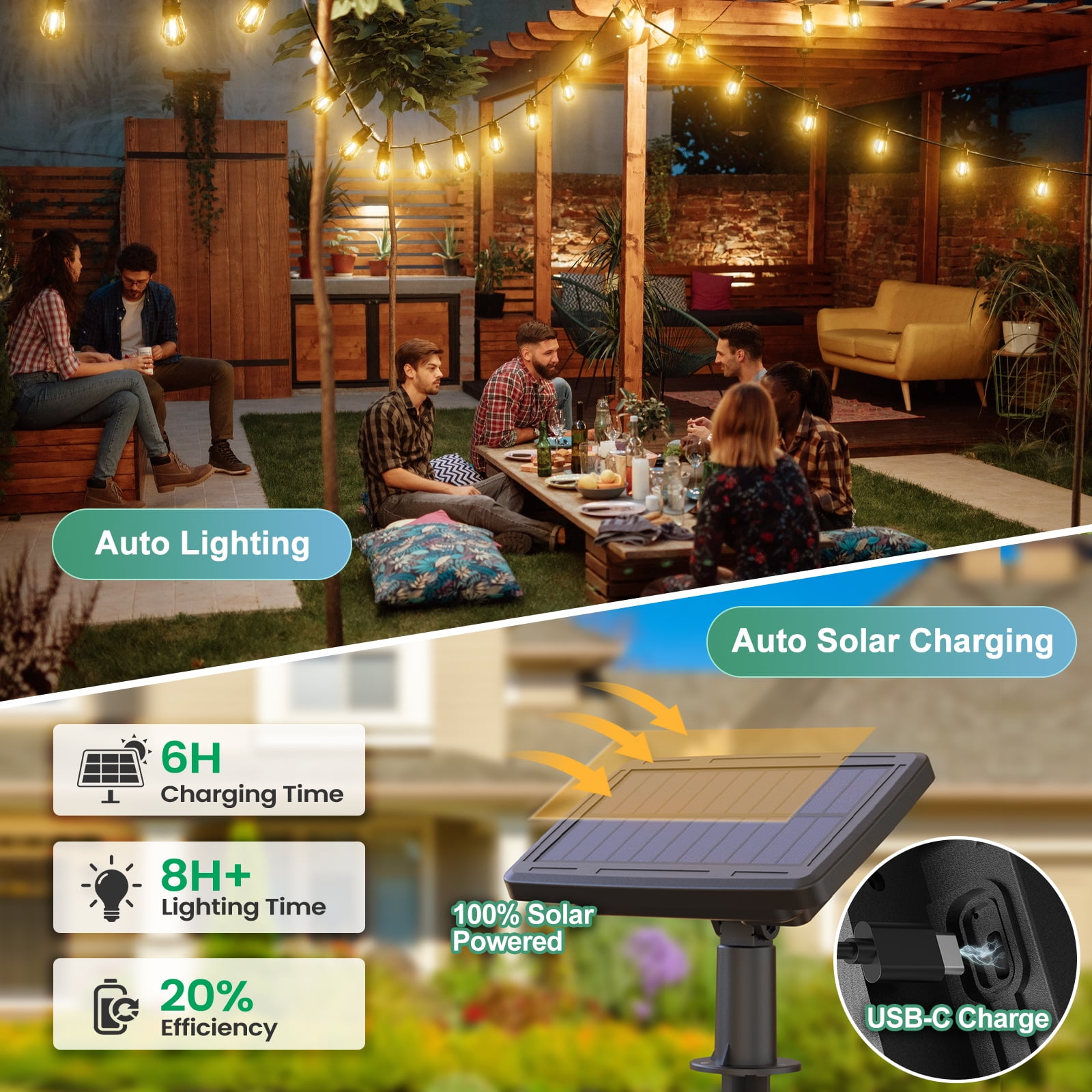 Quntis Solar String Lights Outdoor Waterproof, 57FT Solar Powered Patio String Lights with 15+1Bulb,  Solar String Lights with Dimming& 4 Light Mode for Backyard Party Garden Wedding
