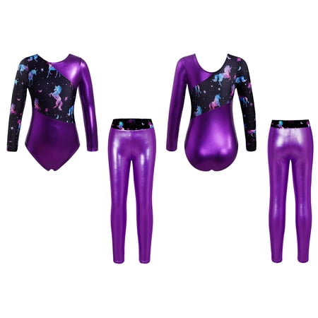 iiniim Kids Girls 2 Piece Gymnastics Outfits Shiny Long Sleeve Leotards with Athletic Leggings Set Dance Tracksuit