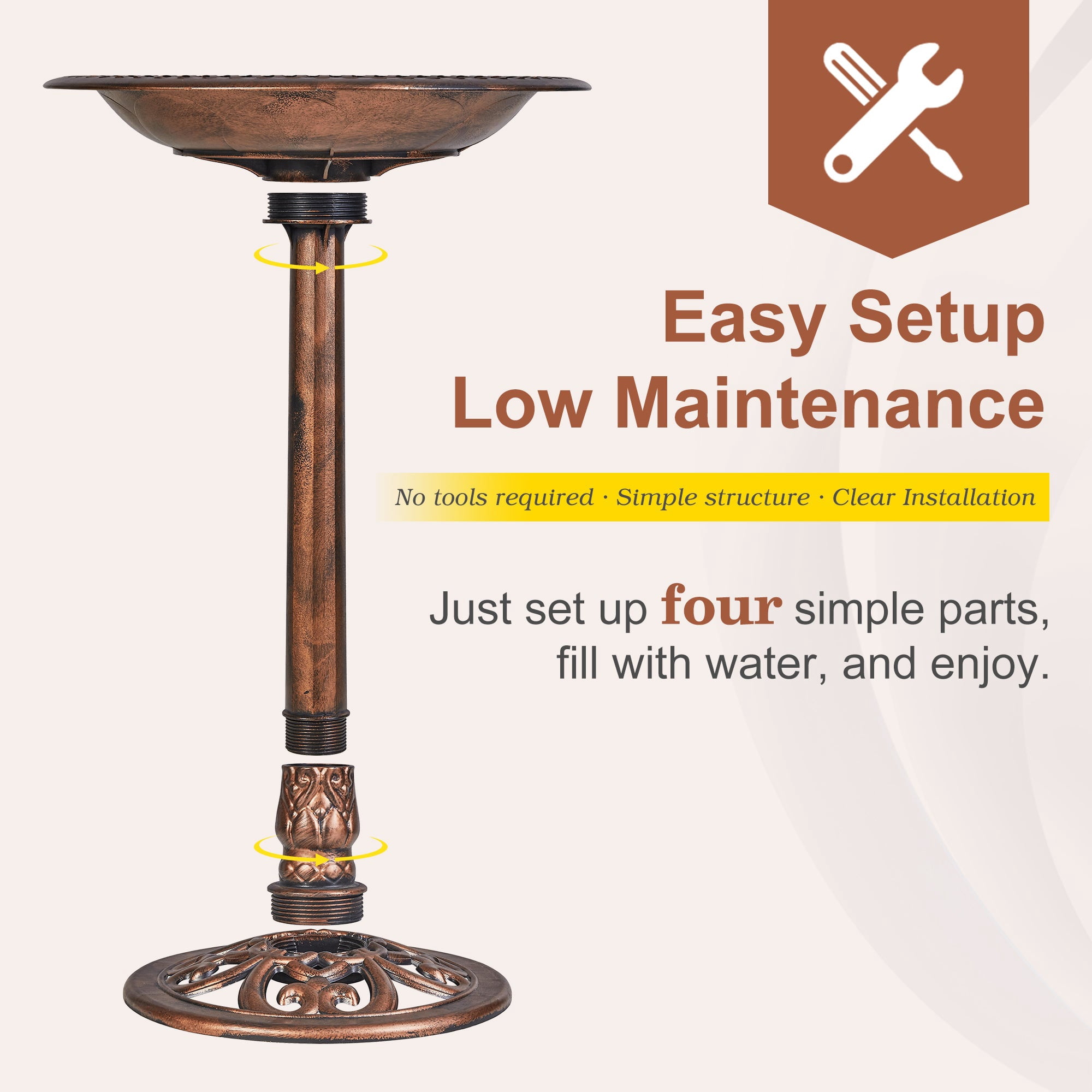 VECELO 28" Height Pedestal Birdbath Outdoor Garden Decor, Vintage Yard Art Bird Baths, Brown