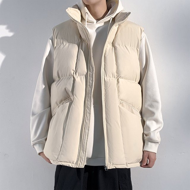 Pisexur Jackets for Men Hooded Button With Pockets Stand Collar Zipper Top Sleeveless Padded Jacket Beige,M