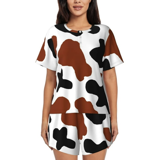 Balery Brown Black Cow Conjunto de Pijama para Mujer con Estampado, Dos Piezas de Manga Corta y Shorts, Ropa de Dormir Suave con Cuello Redondo y Bolsillos-Medium