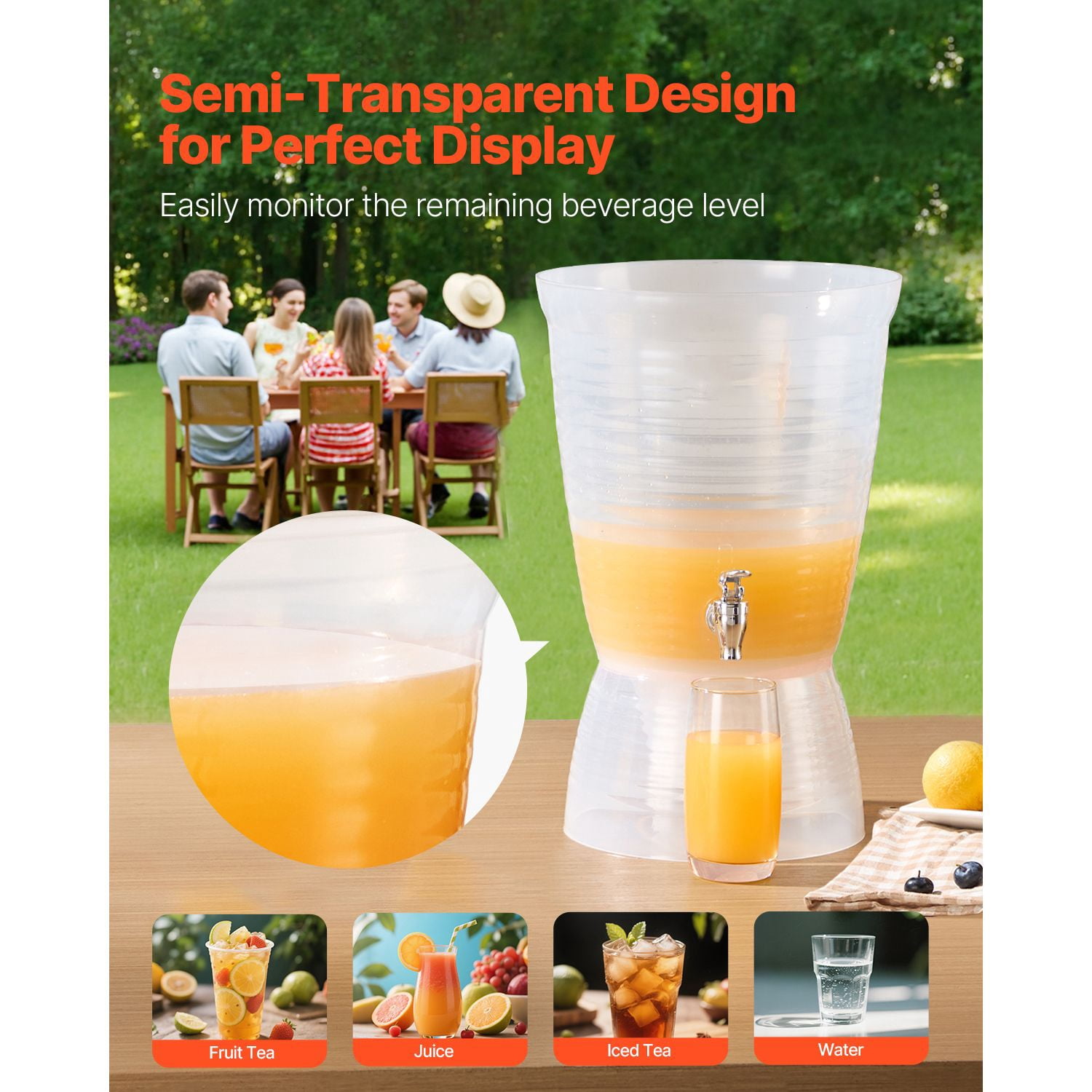 Beverage Dispenser 2.64 Gallon, Semi-Transparent with Ice Chamber, No-Drip Spring-Loaded Spigot, Food-Grade PP, Dishwasher Safe for Parties Restaurants Hotels
