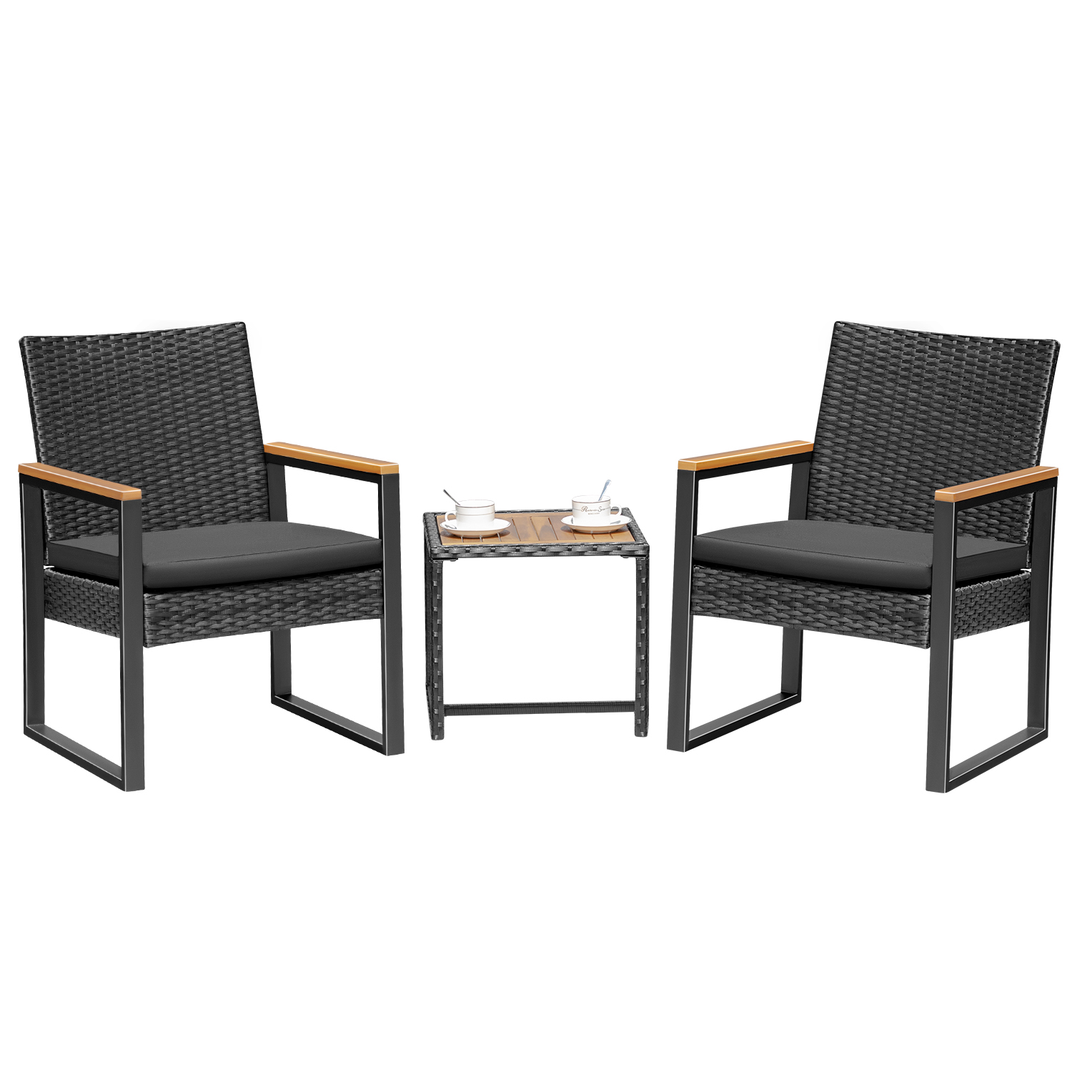 Devoko 3 Pieces Patio Conversation Set Outdoor Rattan Chair Set of 2 with Wood Coffee Table, Black - image 2 of 7