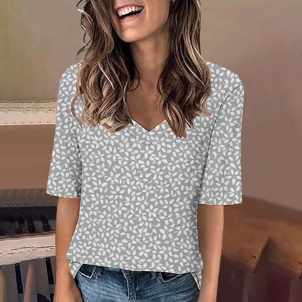 Fiudx Camisas para Mujer Camiseta de Manga Corta con Cuello En V Estampada Informal a La Moda para Mujer