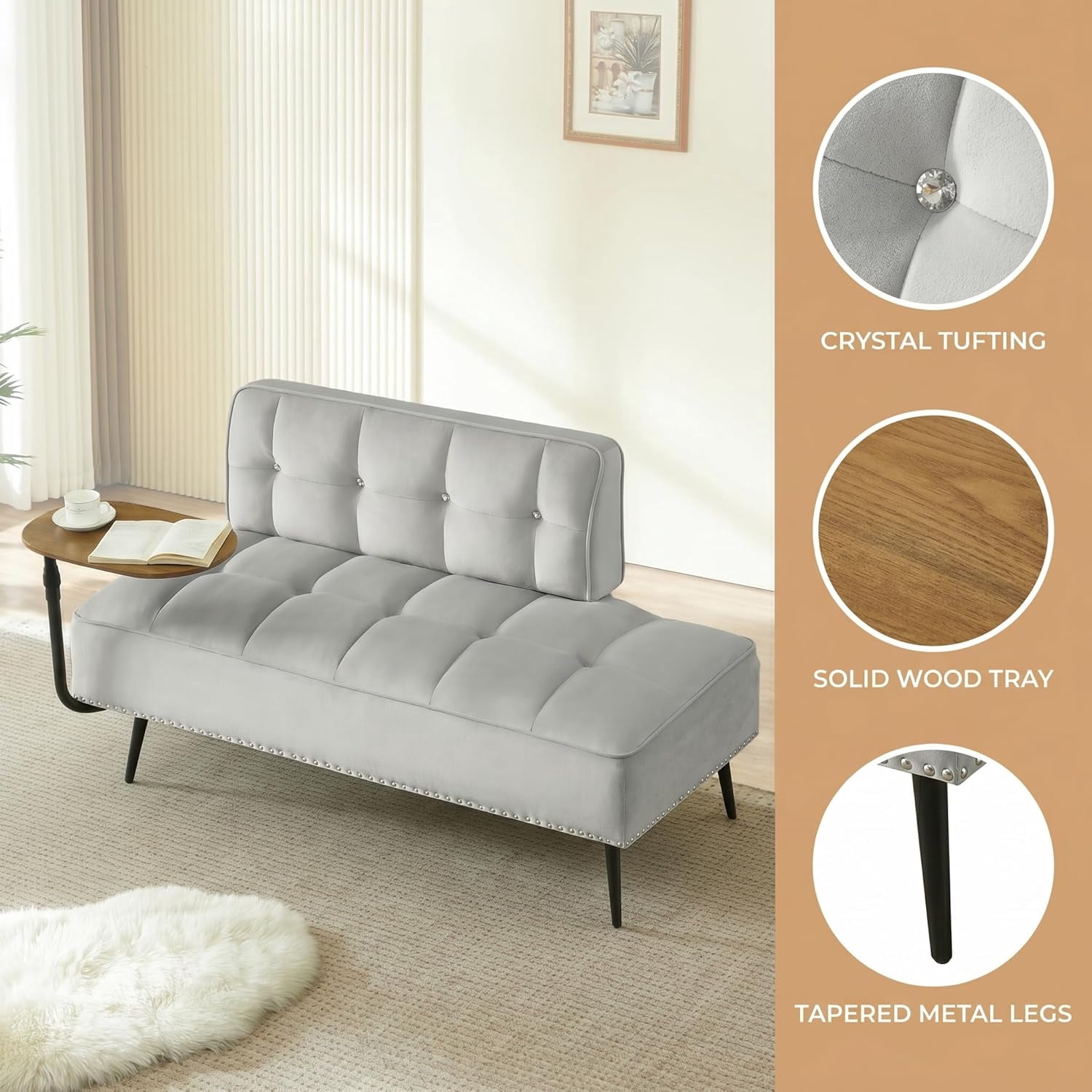 MOONMISS 54 inch 2-Seater Velvet Sofa with 360 Rotating Side Table Space Saving Multi Use Bench Office Living Room Apartment,Gray