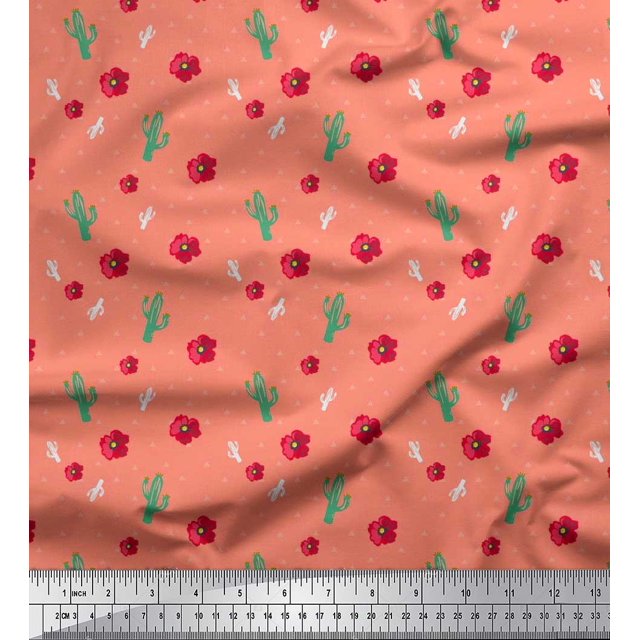 Soimoi Cotton Cambric Fabric Triangle,Floral & Cactus Tree Print Fabric by the Yard 42 Inch Wide