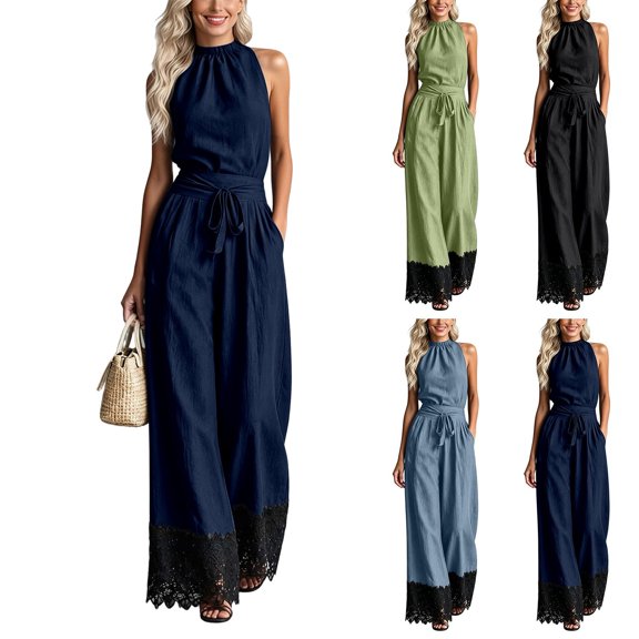 XinghaiYIDE Green Jumpsuit Women Halter Sleeveless Belted Wide Leg Lace One Piece Outfit with Pockets Casual Summer Romper