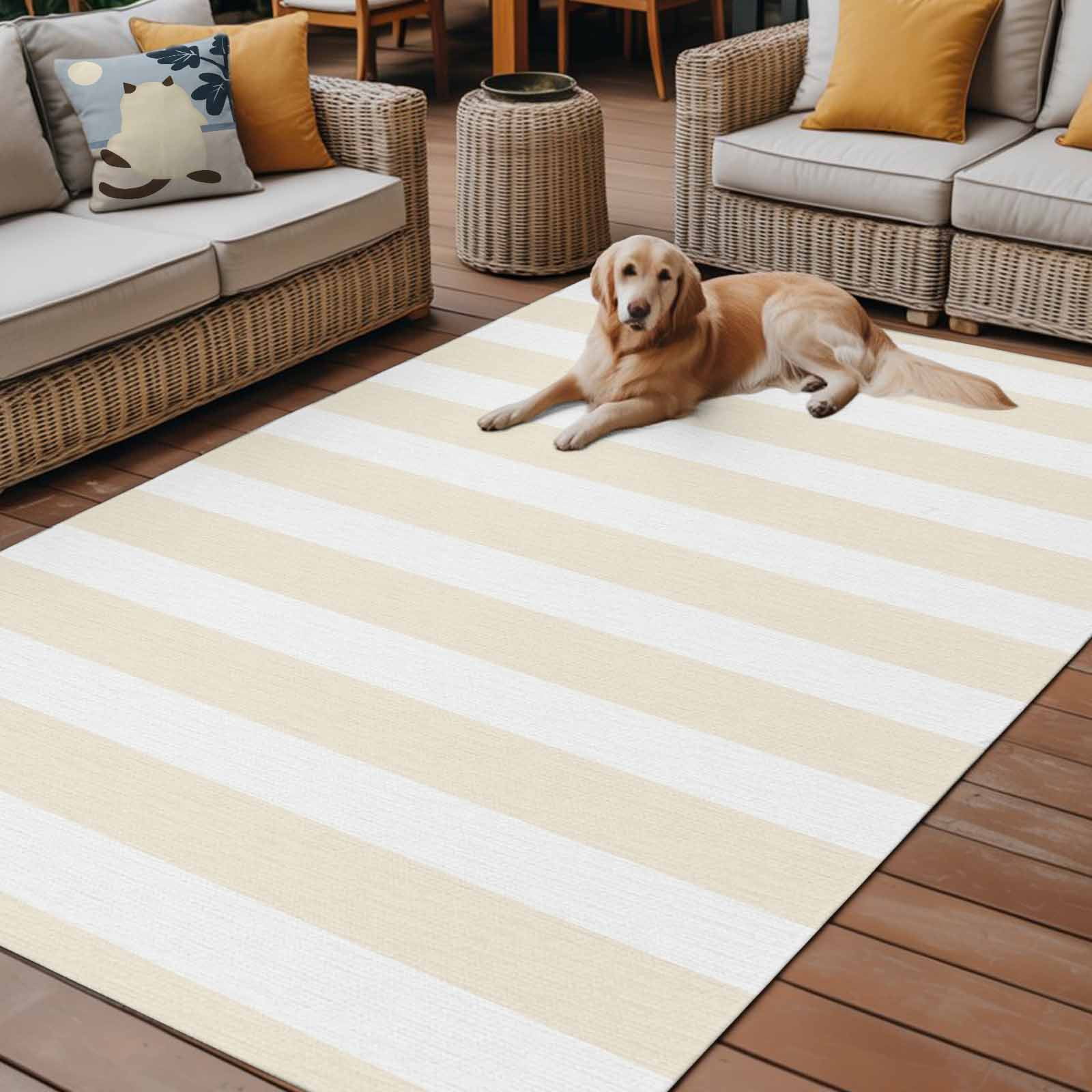 Fsddascl Cream Striped Outdoor Rug for Patio/Deck/Porch, Non-Slip Large Area Rug 4 x 6 Ft, Modern Farmhouse Cream White Stripes Indoor Outdoor Rugs Washable Area Rugs, Reversible Camping Rug Carpet