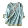 thumbnail image 2 of Tittly Womens Shirts Long Sleeve Shirts for Women Women Cotton Linen Shirts Vintage Chinese Embroidery 3/4 Sleeve Casual Trendy Tops Loose Side Tie Slit Blouse Tshirts Shirts Workout Shirts Green L, 2 of 4