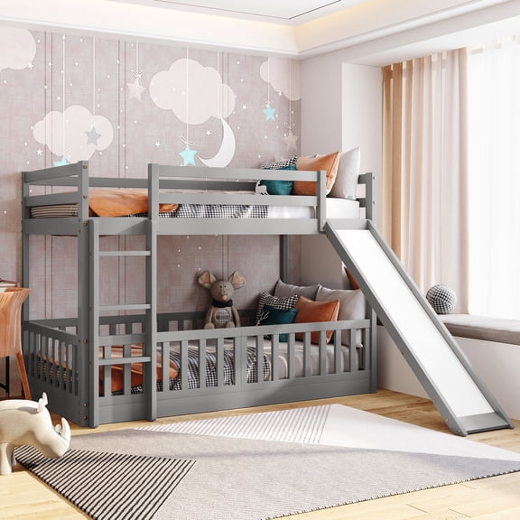 Gray Twin Over Twin Bunk Bed with Slide and Ladder