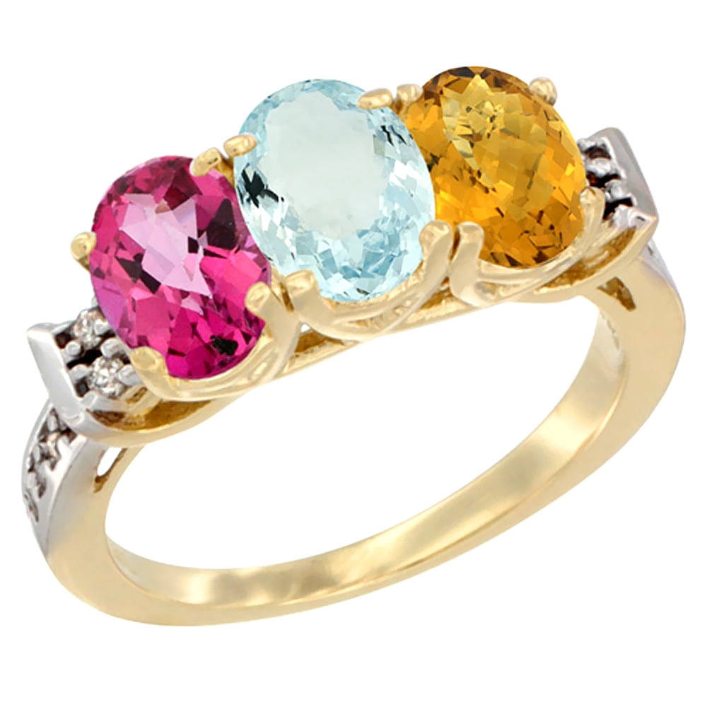 14K Yellow Gold Natural Pink Topaz, Aquamarine & Whisky Quartz Ring 3-Stone 7x5 mm Oval Diamond Accent, sizes 5 10 by WorldJewels