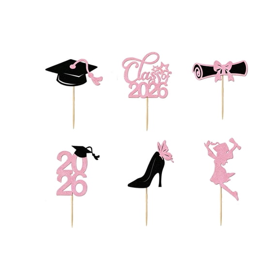 huayou Glitter Gold Pink 2026 Graduation Cake Toppers 12 Pcs for Party Celebration Dessert Decoration Event Decor Daily Use