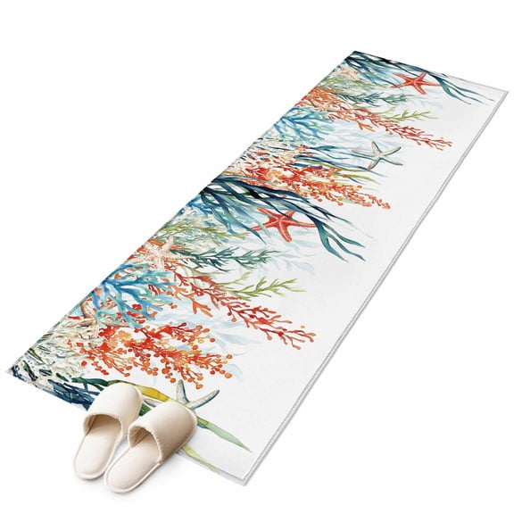 Coastal Ocean Large Area Rugs for Bedroom Living Room, Soft Non Slip Carpet Bedside Rug, Summer Beach Coral Starfish Seagrass Rectangular Floor Cover Kitchen Accent Rug 2'x6' for Dining Room/Office