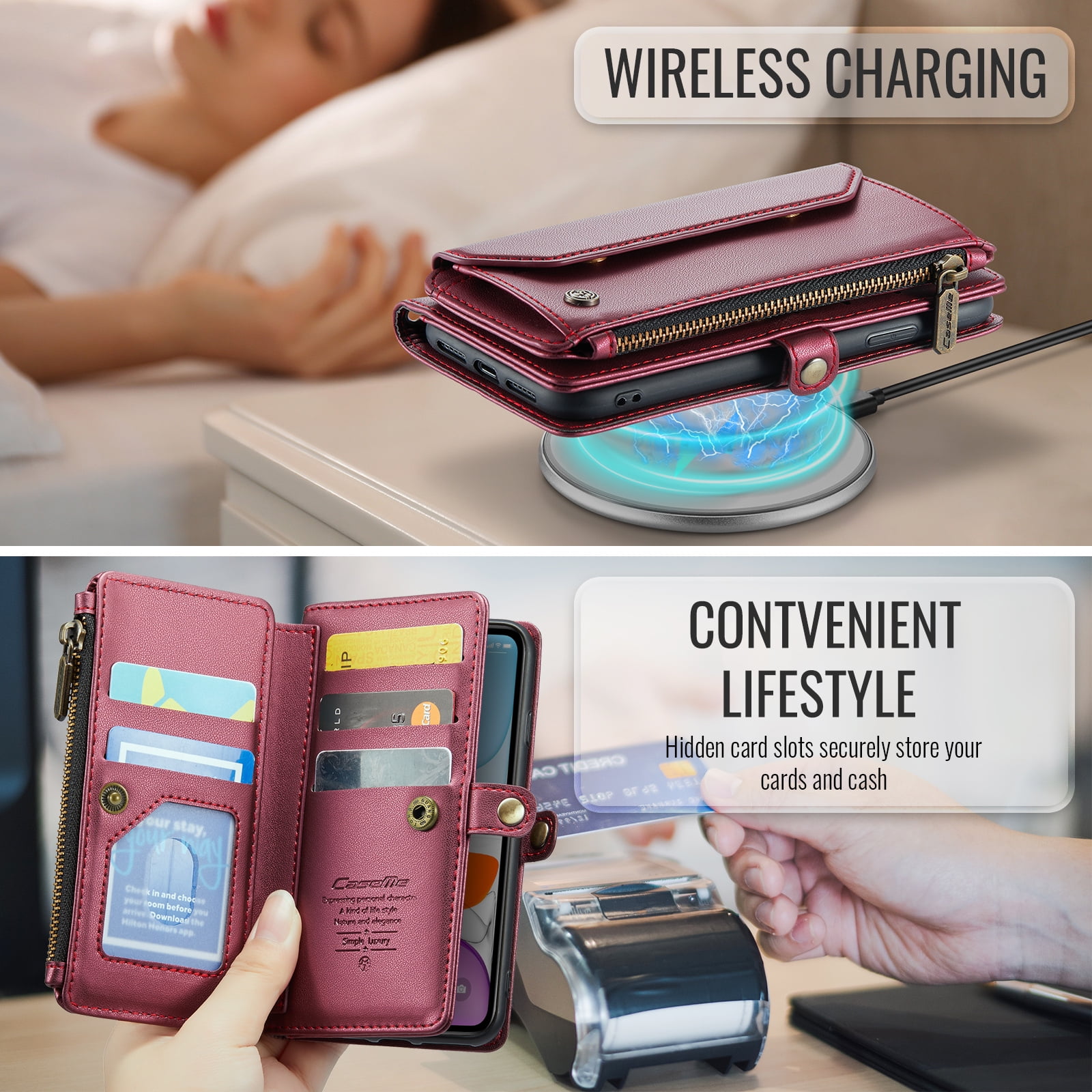 for iPhone 11 Full Body Protection Wallet Folio Flip Case, Shoulder Strap & Wristlet Card Slots Zipper Pocket RFID Blocking Rugged Durable PU Leather Phone Case Cover, Winered