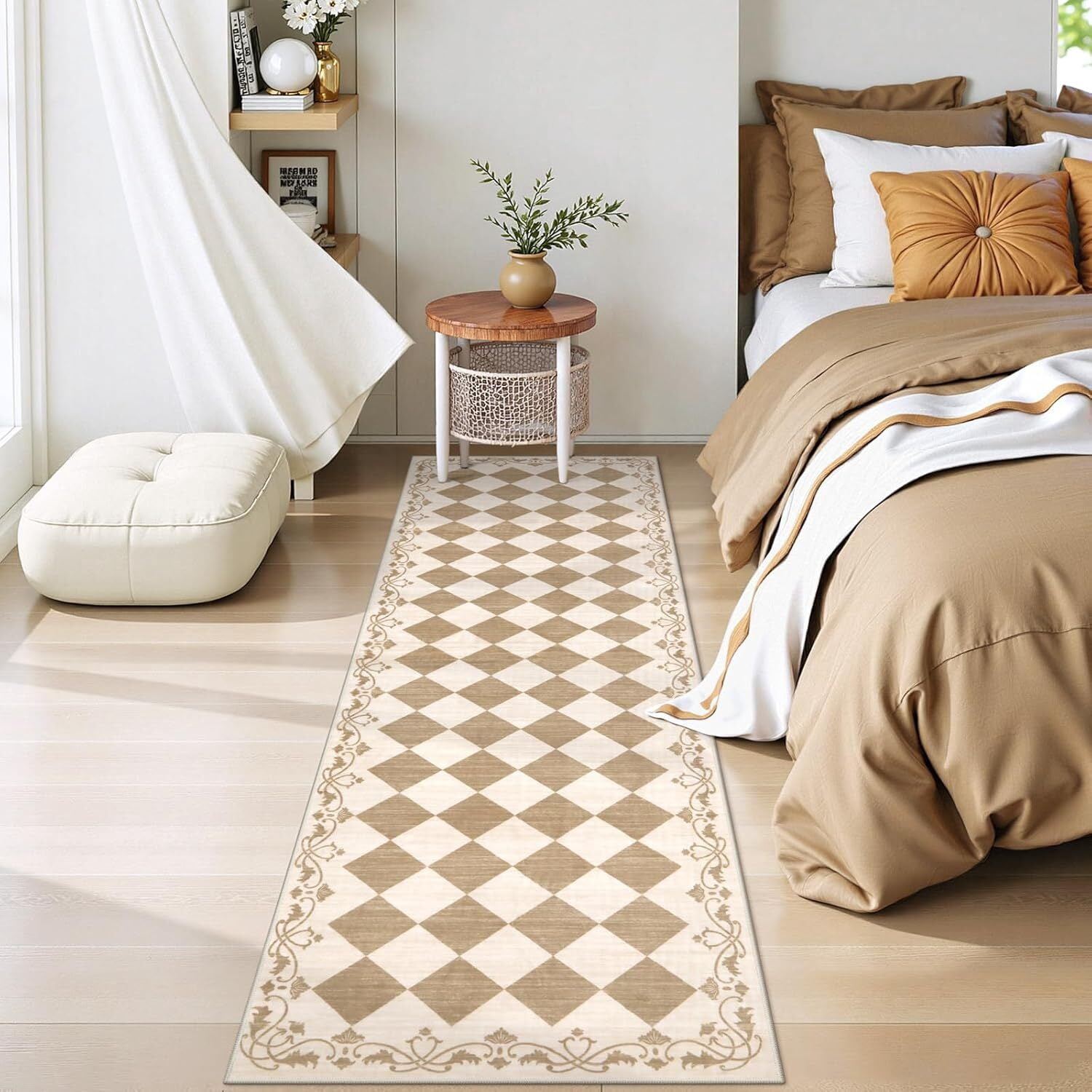 RUG ROBOT 2.5' x 8' Runner Rug for Hallway, Non Slip Washable Checkered Rug for Kitchen, Beige Neutral Bathroom Home Decor Plaid Diamond Low Pile Print Carpet for Entryway Bedroom Laundry