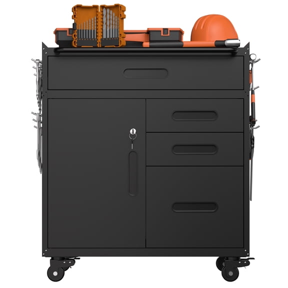 34.3" Locking Rolling Tool Storage Cabinet Heavy-Duty Steel Garage Organizer with 4 Drawers & Secure Compartment, Black