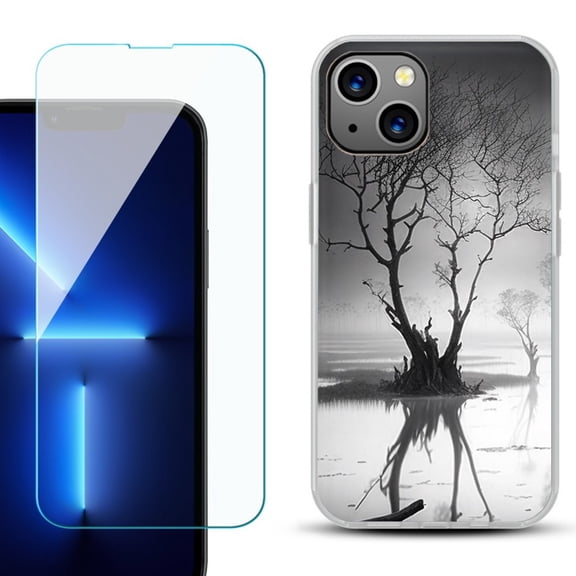 Slim-Fit TPU Phone Case for iPhone 14, with Tempered Glass Screen Protector, by OneToughShield ® - Tree BW