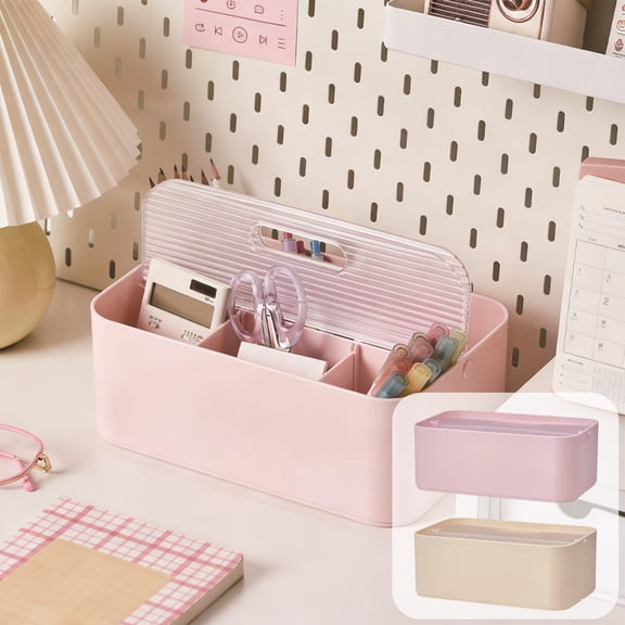 Yhmxh Portable Makeup Organizer Caddy Tote Divided Basket Bin with Handle and Lid for Bathroom Storage, Office Desk Storage Organizer 6 compartments, Stackable Cosmetic Holder Pen Pencil Basket