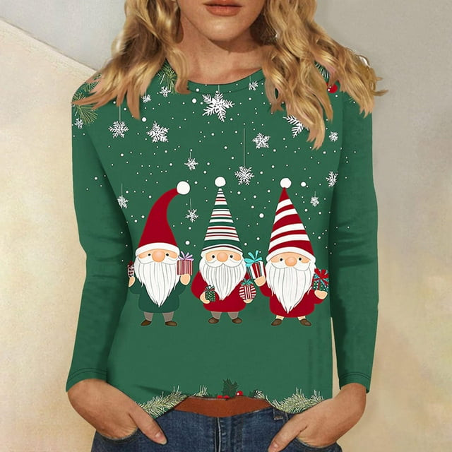 BEFOKA Chandails en Molleton Habillés pour Femmes Col Rond Chemise de Noël Femmes Imprimé de Noël Manches Longues Haut Extérieur Blouse T-Shirts T-Shirts de Vacances Hauts de Noël