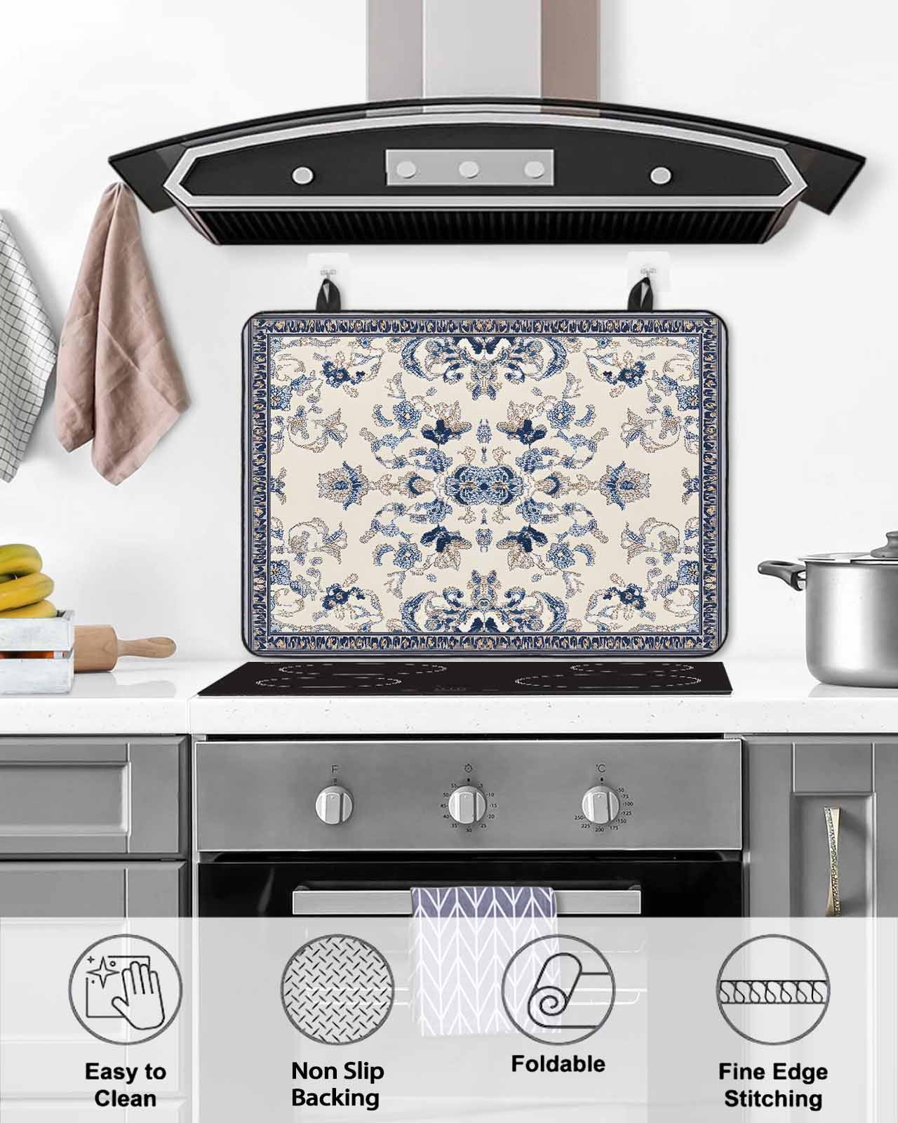 nqOlkjepod Large Induction Cooktop Protector Mat 24"x21", Boho Ethnic Stove Top Covers for Electric Stove, Vintage Shabby Southwest Floral Motifs Stove Burner Cover Mats, Glass Top Stove Cover