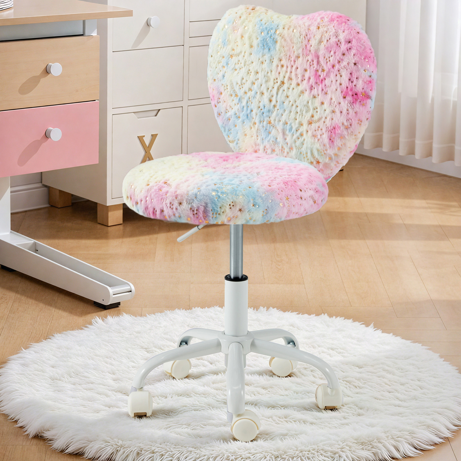 Vicluke Kids Desk Chair with Wheels Adorable Fluffy Girls Desk Chair with Heart-Shaped Backrest Design Adjustable Seat Height for Bedrooms & Study Rooms, Colorful