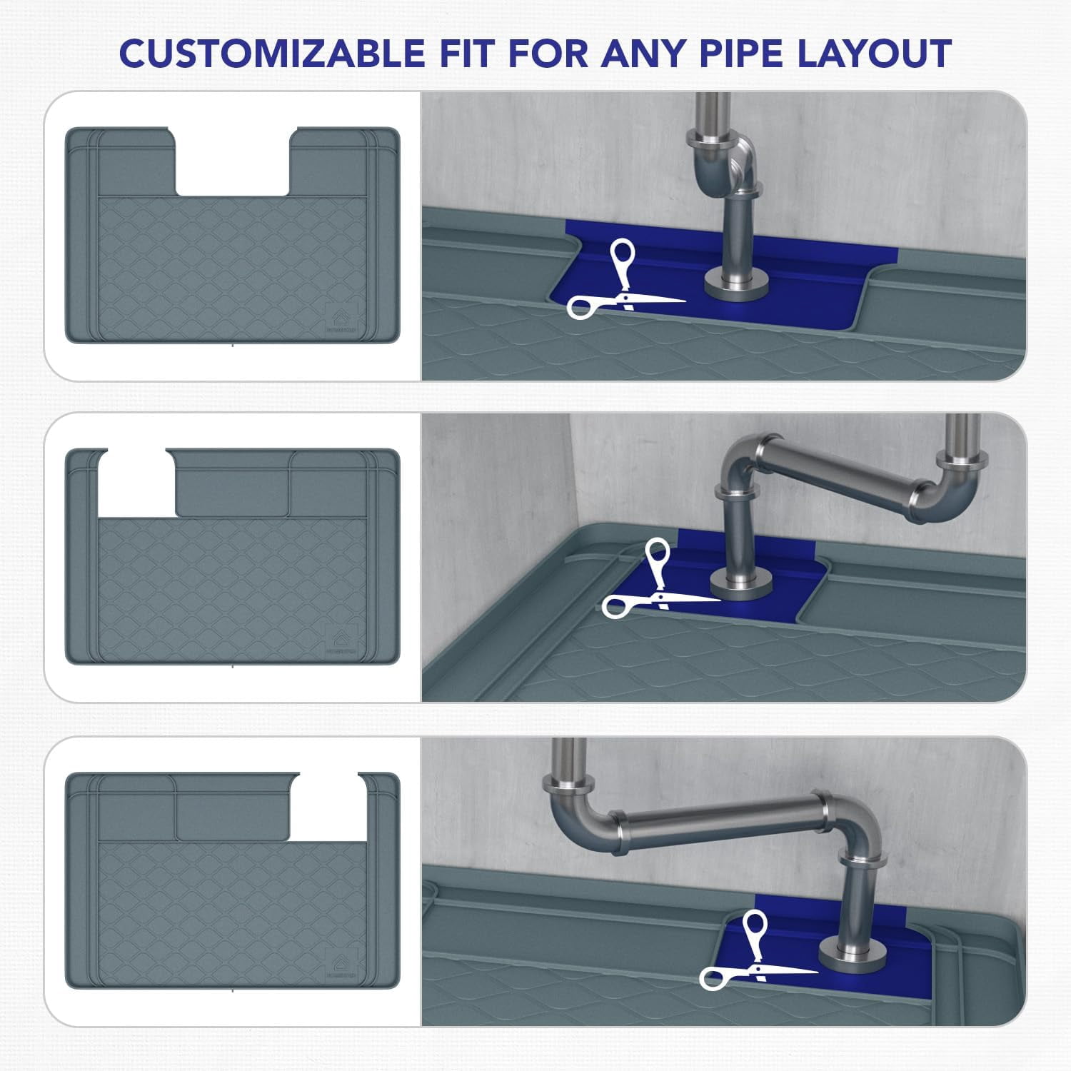 Premium Under Sink Mats for Kitchen Waterproof, 34" x 22" (Customizable to Smaller Sizes), Silicone Under Kitchen Sink Mat for Bathroom Cabinets, Holds up to 3.3 Gallons of Liquid – Grey
