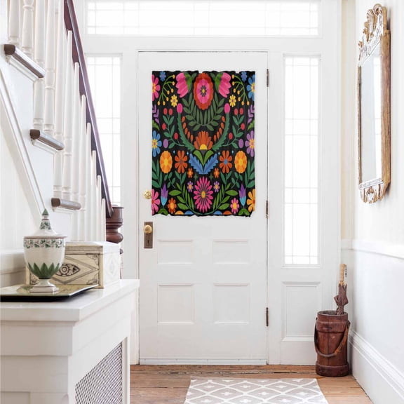 Bohemian Door Curtains for Door Window, French Sidelight Front Back Door Curtains With Tieback, Red Green Tribal Mexican Abstract Flower Kitchen Rod Pocket Drapes Panel, 54"x40"