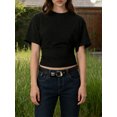 thumbnail image 3 of LMLYSoH Womens Summer T Shirt Short Sleeve Crew Neck Solid Color Casual Ruched Cinched Waist Crop Tops, 3 of 9