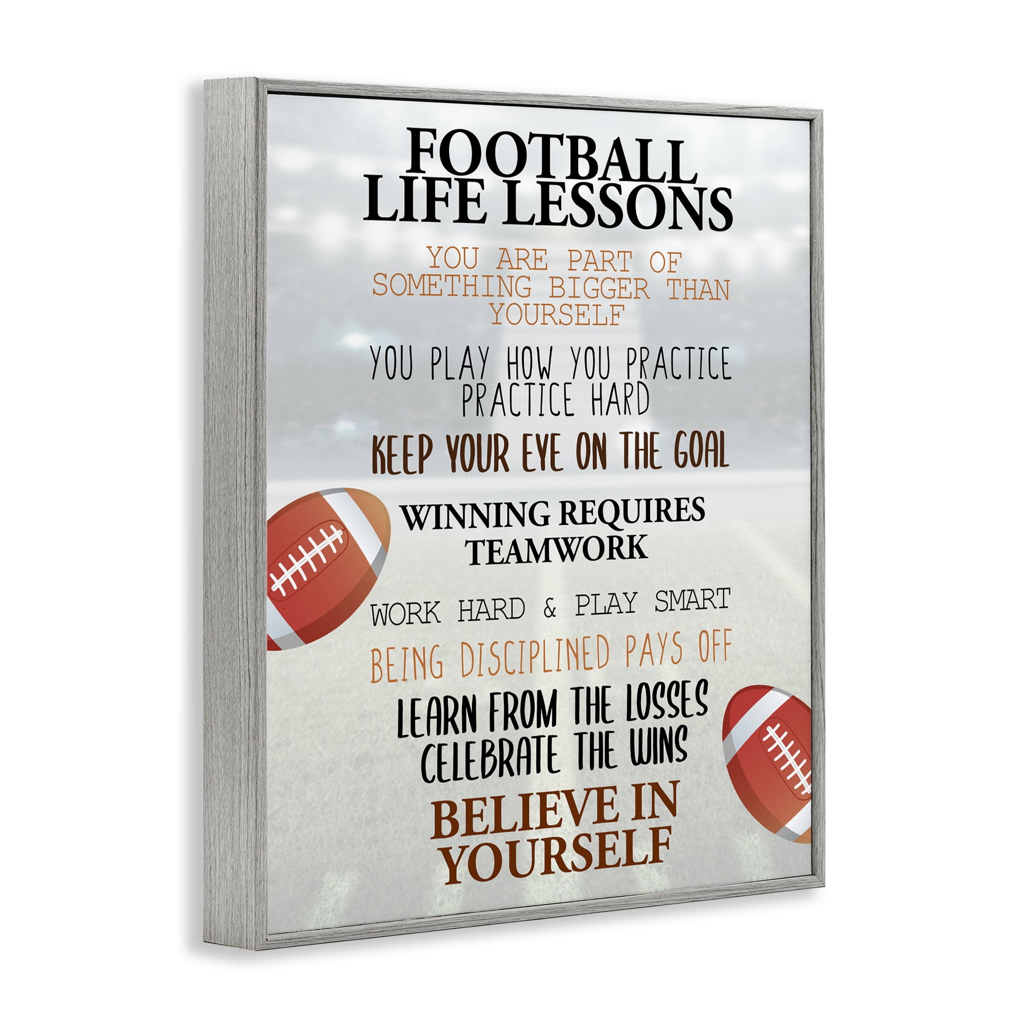 Football Life Lessons Gray Framed Giclee Art, design by Kim Allen