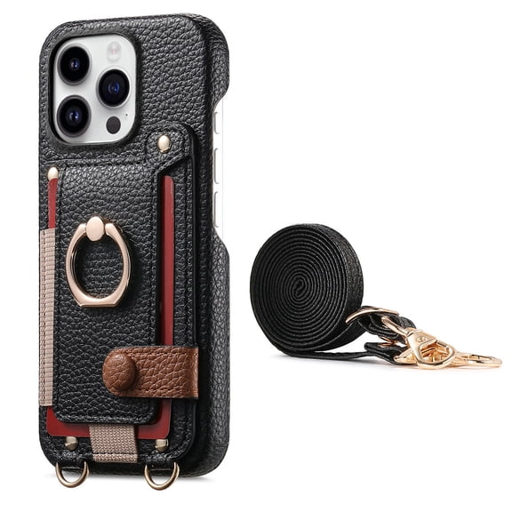 For iPhone 15 Plus Phone Case,With 360° Rotatable Ring Kickstand,Detachable Long Shoulder Strap,Card Slots,Shockproof Anti-fall PU Leather Anti-Scratch Back,Durable Wallet Phone Case,Black