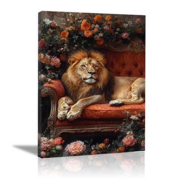 Mudket Framed, Canvas Wall Art, Majestic Lion Lying on Vintage Red Sofa Floral Canvas Wall Decor, Ready to Hang, Classic Jungle Art for Living Room Office - 12"L x 8"W