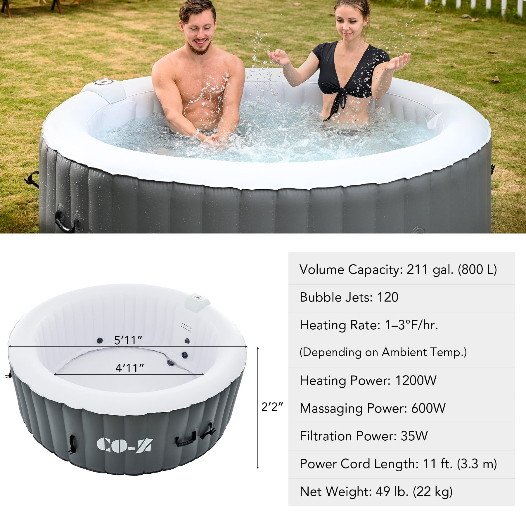 CO-Z Inflatable Hot Tub Outdoor Spa 2-4 Adults, 6ft, Gray, 120 Jets, 211 Gallons