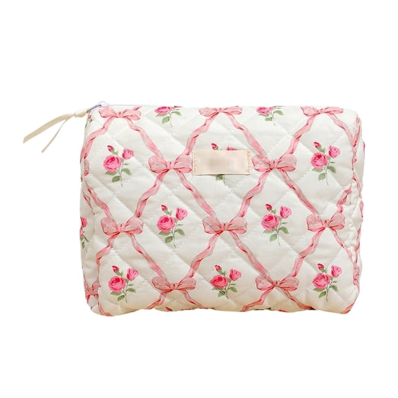 Makeup Pouch, Pink Quilted Floral Print, 1 Piece Portable Clutch Bag, Travel Cosmetic Storage Organizer for Women Daily Toiletries and Beauty Accessories