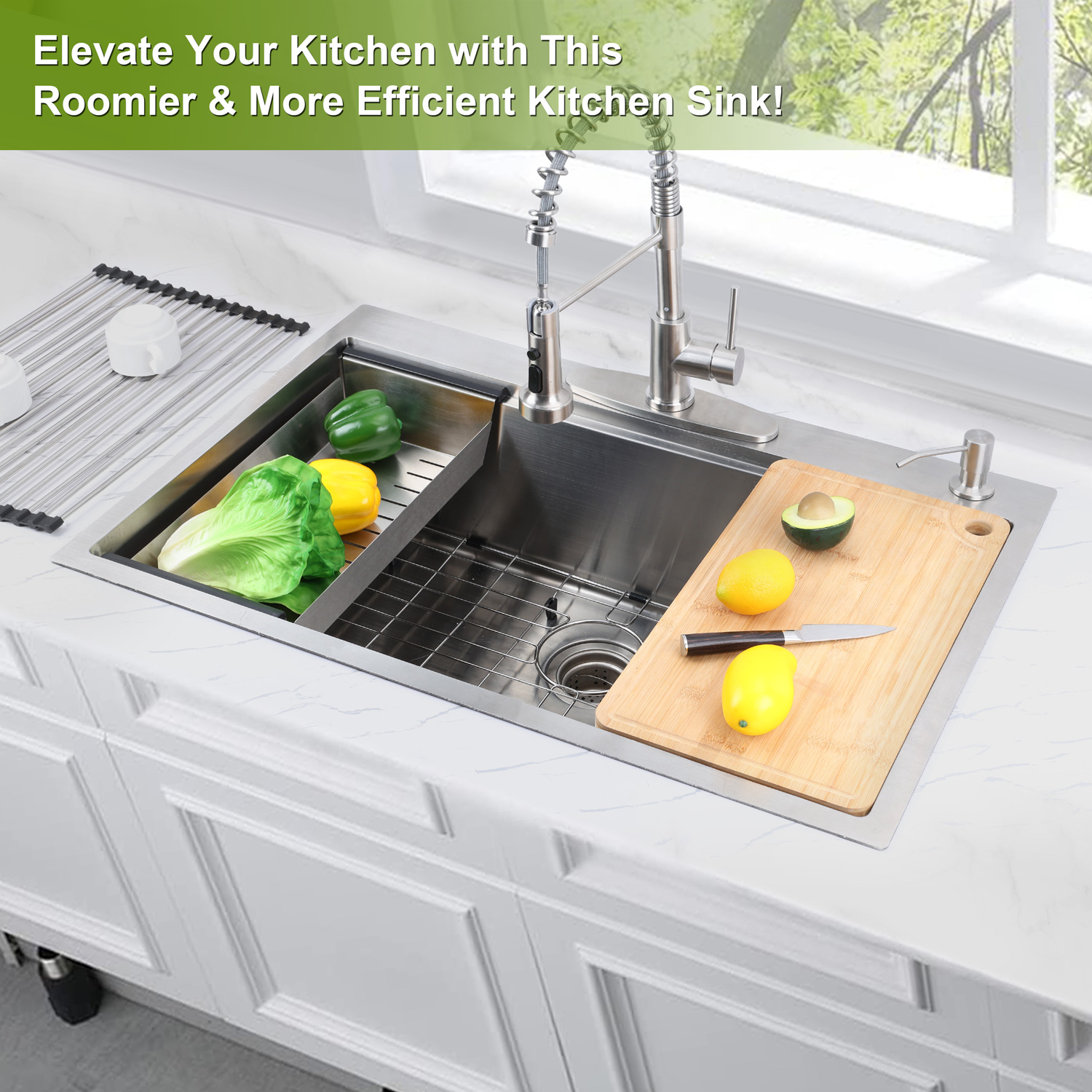 Vesteel Workstation Kitchen Sink, 33 x 22 Drop In Stainless Steel Single Bowl Sink Basin, Topmount Sink include 4 Sink Accessories