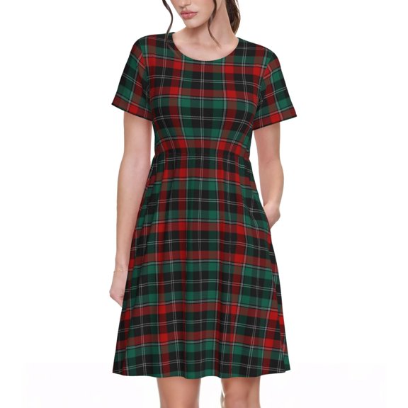 Ratiio Tartan Plaid Print Women's Short Sleeve Dress - Casual A-Line Dress with Side Pockets, Elastic Waist, Comfortable and Breathable Summer Dress