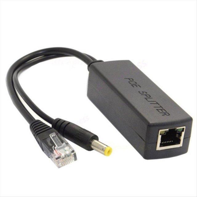 divisor poe mini gigabit 10/100/1000mbps divisor poe salida cc 12v alimentación a través de ethernet ieee 802.3af para ip came negro — Vista frontal cenital de un divisor PoE negro rectangular de ABS con la inscripción "POE SPLITTER"; muestra un puerto RJ45 hembra Gigabit, un cable con conector RJ45 macho y un cable con conector DC macho 5.5x2.1 mm con punta amarilla. Especifica salida CC 12 V 1,2 A, puerto compatible IEEE 802.3af y LED amarillo de estado; suele utilizarse para alimentar cámaras IP y dispositivos no PoE durante instalaciones de red.