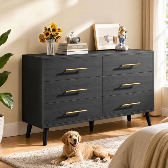 Aiho Modern 6 Drawer Wood Dressers, Wide Chest of Drawers with Metal Handles for Living Room, Bedroom, Black