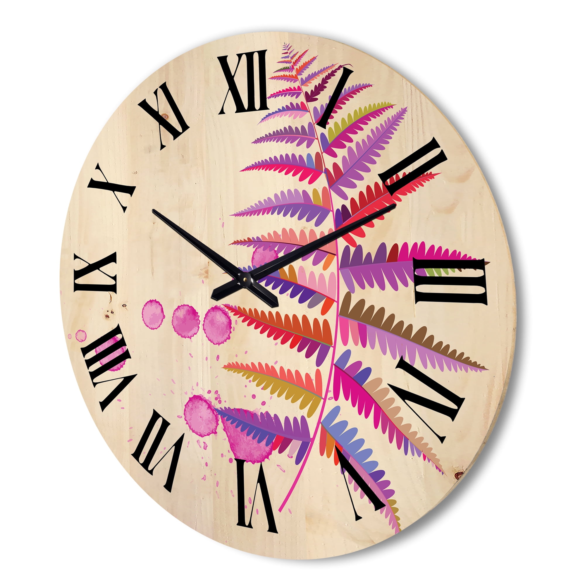 Designart 'Purple Fern With Purple Splash' Farmhouse Wood Wall Clock
