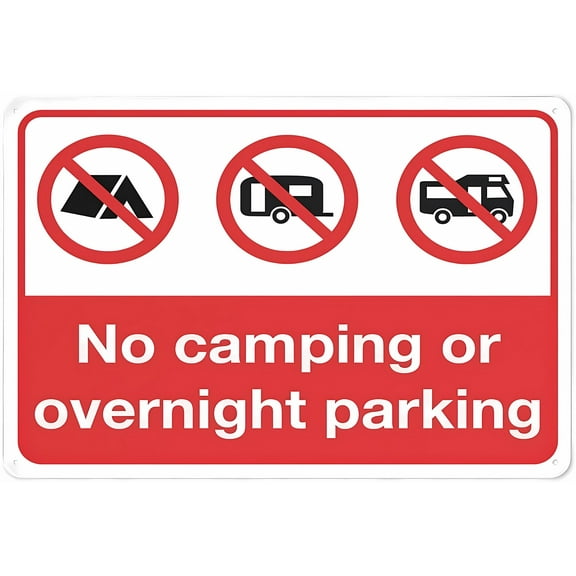No Camping Or Overnight Parking Sign - 8"x12" Vintage Metal Warning Sign for Home Farm Bar Coffee Shop Club, Campground, Parking Prohibition