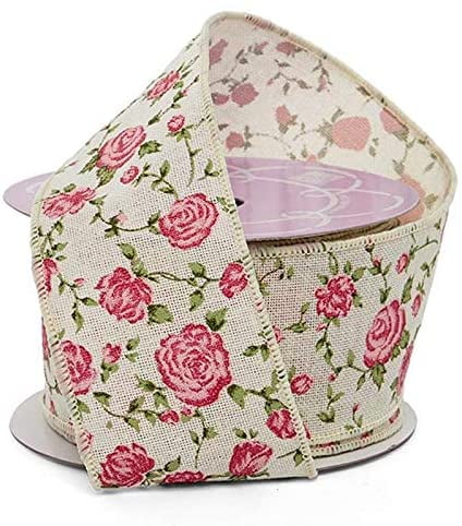 Vintage Floral Shabby Chic Ribbon - 2 1/2' x 10 Yards, Pink Roses Green Vines, Stitched Wired Edges, Easter, Valentine's Day
