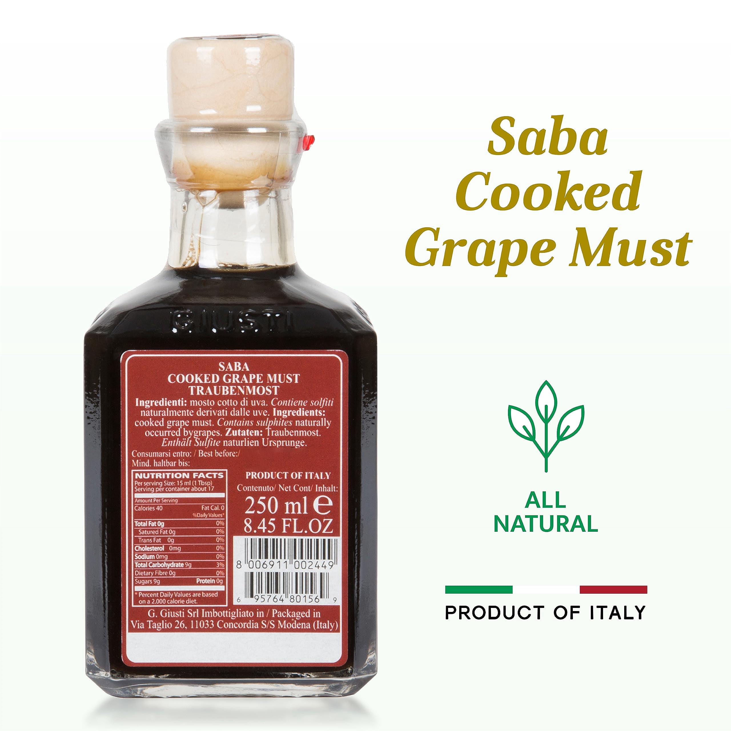 Giusti Mosto Cotto d'Uva, Italian Saba Cooked Grape Must Made in Modena, Italy, Sweet & Fruity Condiment for Cheese, Salads, or Marinades - 8.45 fl oz (250 ml) - Pack of 1