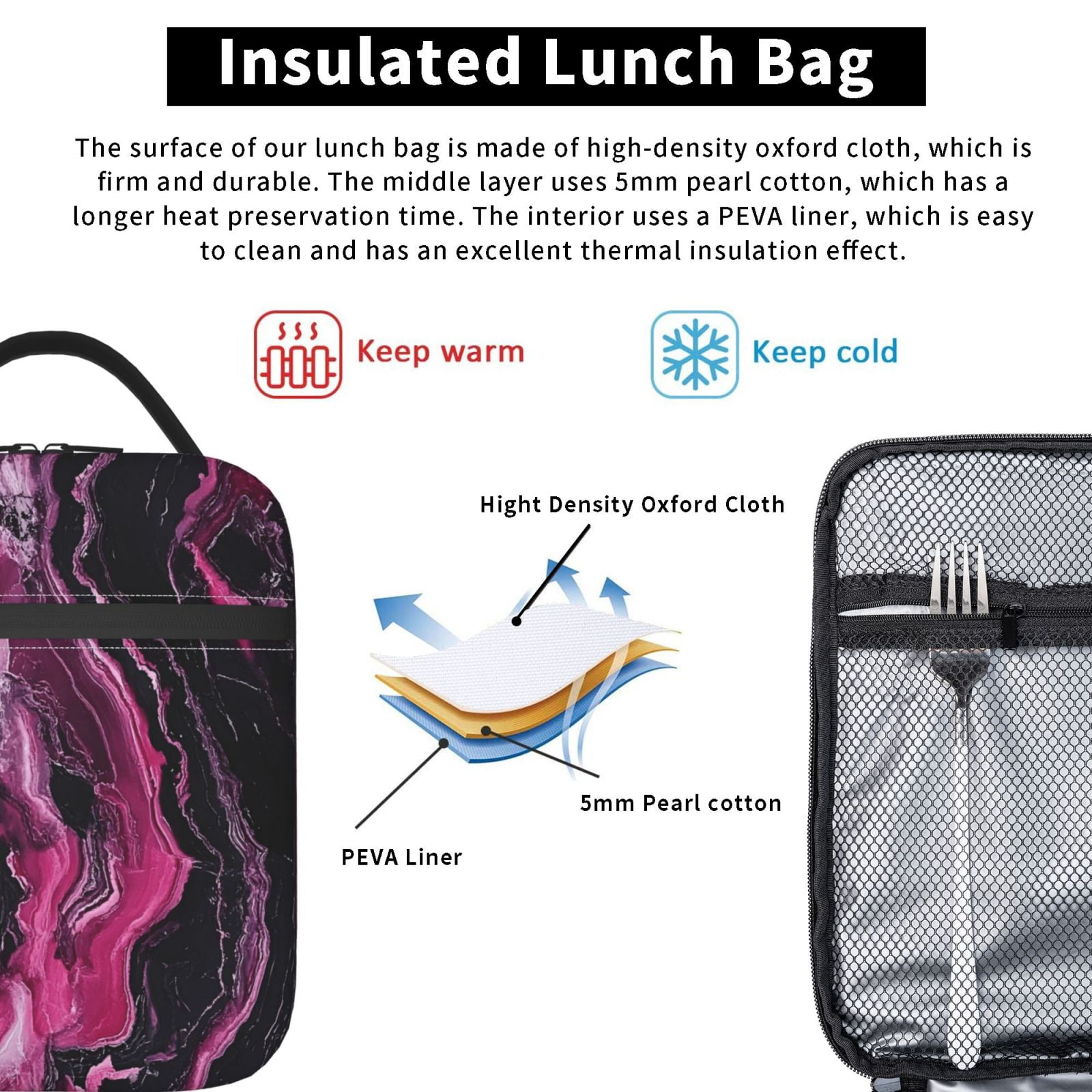 Lunch Bag For Women Men Insulated Portable Lunch Box Bento Box Office Picnic Travel Cooler Bag Darkmagenta Marble_3