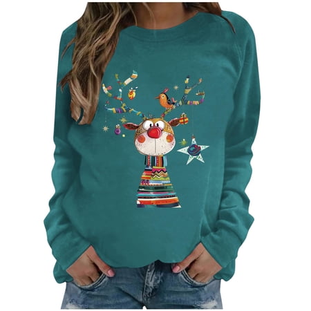 asdoklhq Christmas Long Sweaters for Women Women Christmas Fashion Camouflage Printed Round Neck Shoulder Long Sleeved Sweatshirt Green S