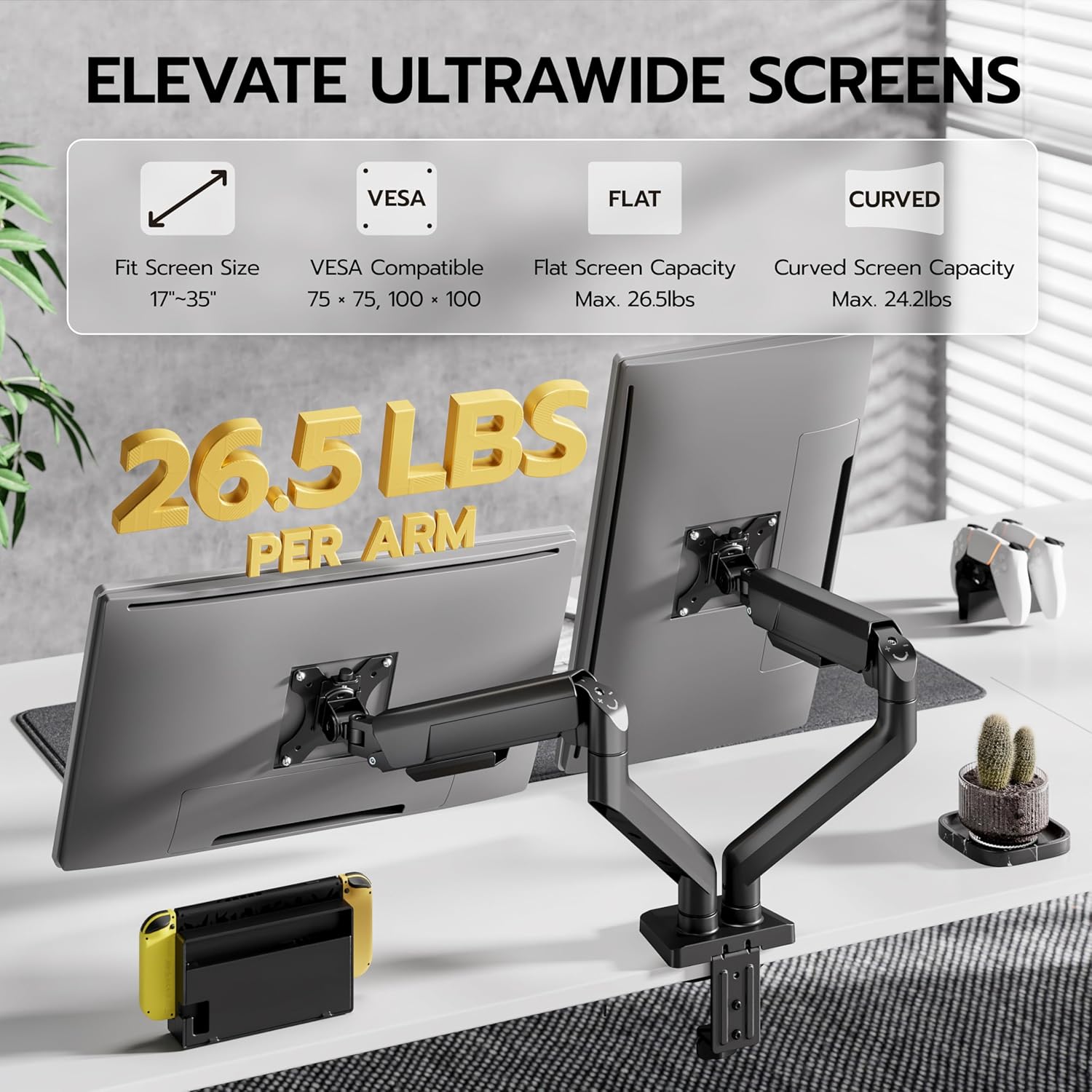 ARES WING Dual Monitor Mount, Heavy Duty Monitor Arms for 2 Monitors for 17-35 Inch, Fully Adjustable Monitor Desk Stand Ultrawide Screen, VESA 75x75 or 100x100mm, Black