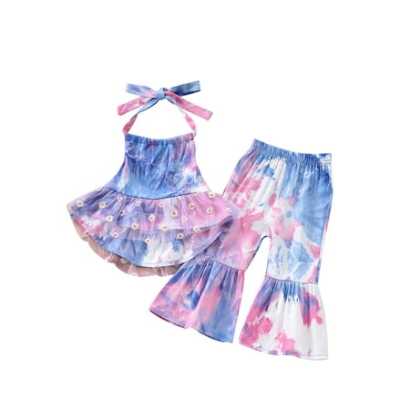 

One Opening Children Tie-dye Set Girls Backless Halter Tops Flared Trousers