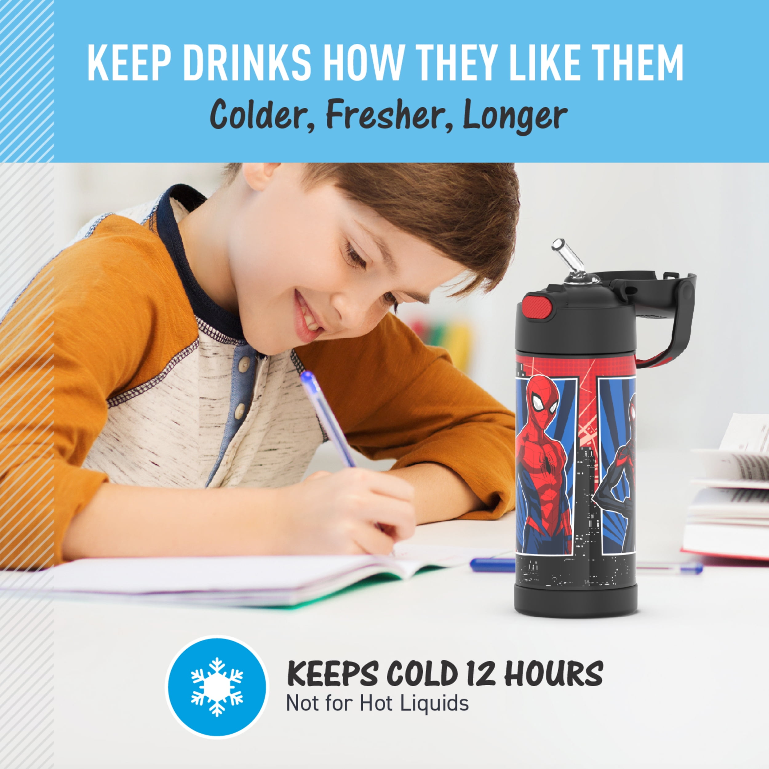 Thermos Kids Stainless Steel Funtainer Water Bottle with Straw, Dishwasher Safe, Leak Proof, Spiderman, 14 oz