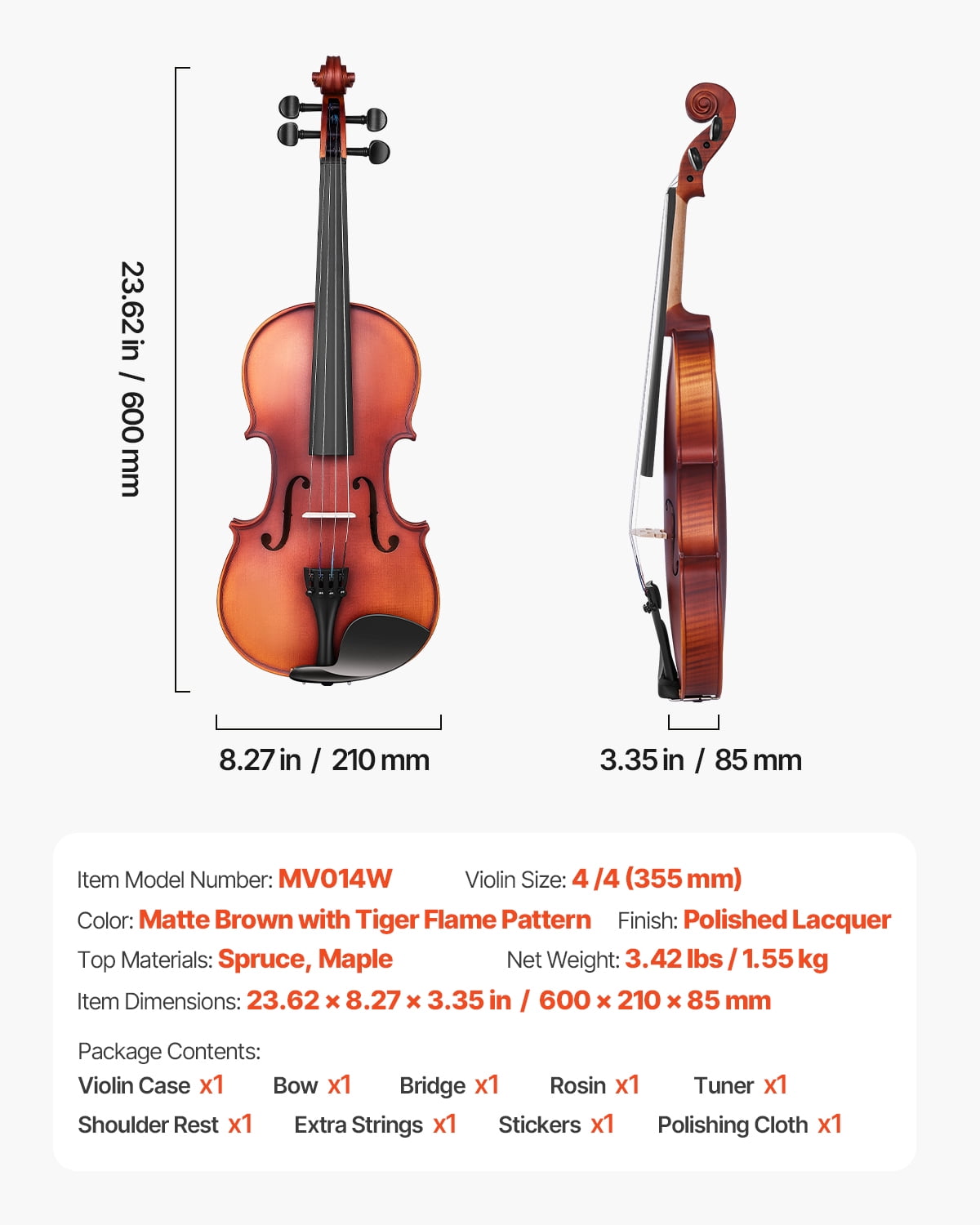 VEVOR Violin 4/4 Full Size for Adults, Violin Fiddle Set for Beginners Student with Hard Case, Rosin, Bow, Shoulder Rest,Bridge,Extra Strings,Professional Solidwood Instrument