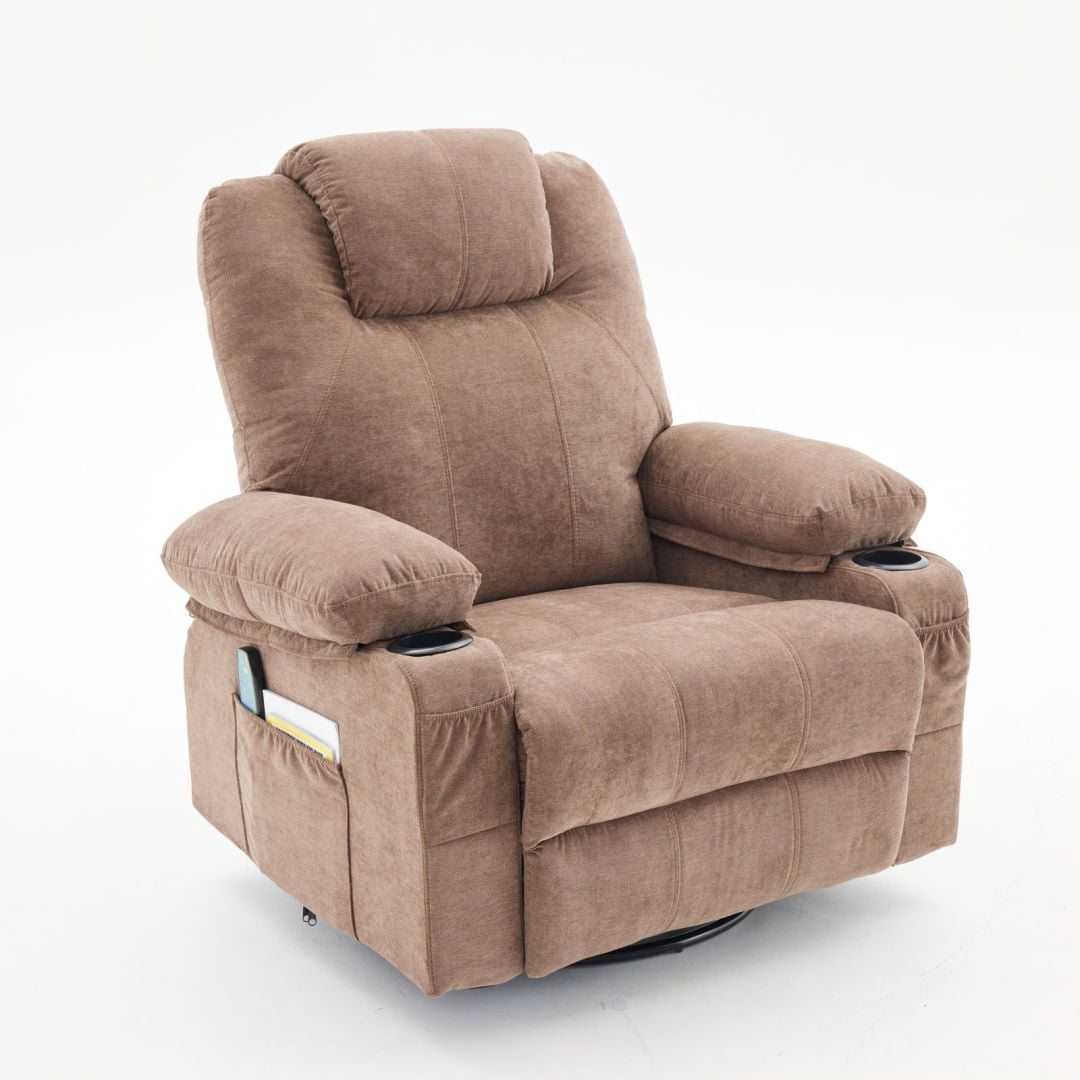 Oversized Swivel Rocker Recliner With Heat & Massage – 360° Swivel, Cup Holders, USB Port, Brown Leather