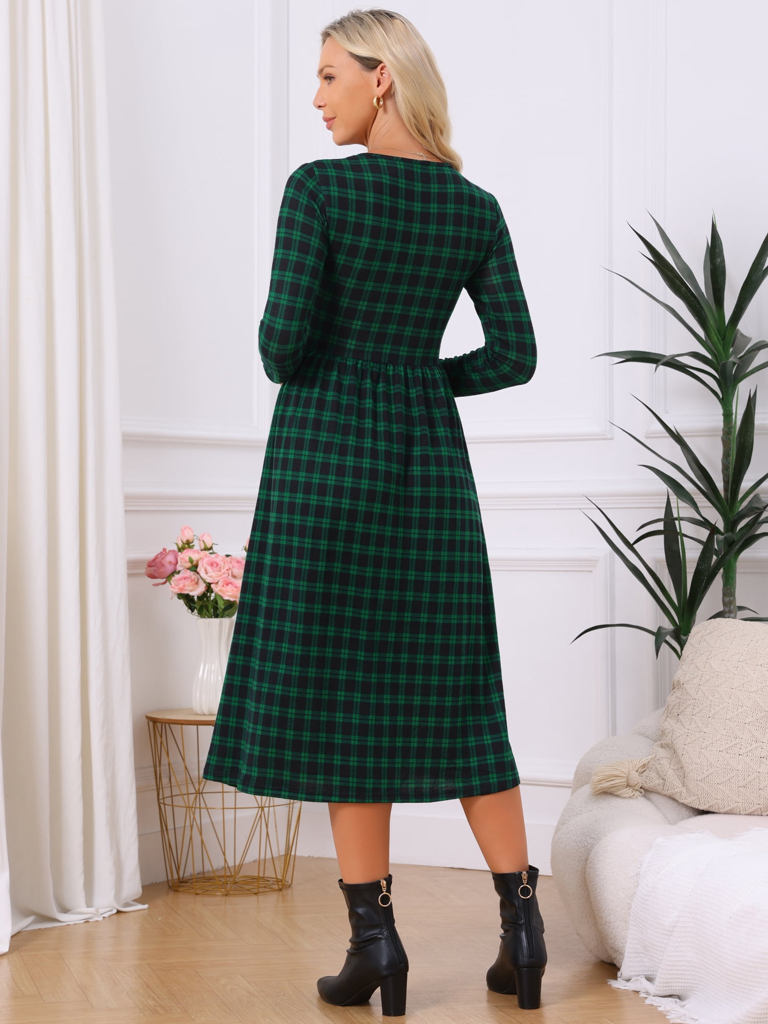 DARING DIVA Women's Plaid Long Sleeve Crew Neck A Line Midi Dress XL Green