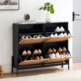 thumbnail image 1 of Negra rattan shoe gabinete: 4 flip - top cajones, 3 - tier adjustable estantes, metal legs, freestanding hidden moderno shoe rack con anti - tip function, perfect entrada, sala de estar, hallway, 1 of 5